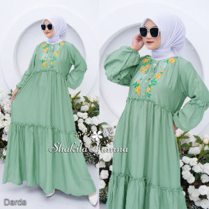 Zayna Midi Dress Bunga Bordir Polo Linen Premium