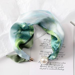 OURTOUR Printed Silk Scarf Pearl Buckle Thin Neckerchief  Lightweight Neck Scarf Women