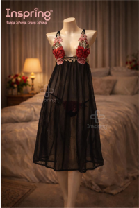 Elegant Black Sheer Nightwear with Red Floral Embroidery