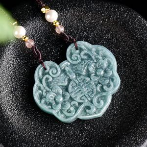 TIMESWIND Natural Green Jade Blossoming Wealth Auspicious Ruyi Women Necklace with Certificate