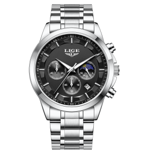 Lige Đồng hồ thạch anh cho nam ban đầu bằng thép không gỉ thời trang ban nhạc không thấm nước Chronograph Đồng hồ thể thao