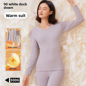 Womens Winter Thermal Underwear Set with White Duck Down Lining Thickened and Warm Home Wear with Down Patches Thermal Underwear and Trousers