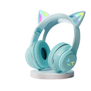 Gradient Black Purple Green  Blue Red Gradient Color Cat Ear Headphones Over-ear Wireless Bluetooth Earphones Card Slot Available LED Lights  Light-up  Cute and Girly Style Glow Sports Running Games Gaming Headset for Audults Kids Earbuds