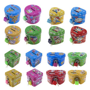 pamelaea Cute Cartoon Square Tin Metal Piggy Bank Saving Cash Money Box Children Toy Kids Birthday Gifts 4 Color With Lock Key