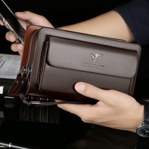Mens bag Leather long wallet Business Double zipper Clutch bag Phone bag