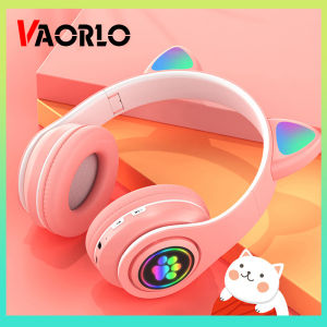 VAORLO Bluetooth 5.0 Breathing light Cat Ears Headphones B39 Wireless Stereo Foldable Gaming Headset With Mic Noise Canceling Earphone TF Card For Kids Girls Gifts