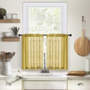KUAIP 2PCS Light Filtering Linen Textured Kitchen Short Curtain Through-shaft Type Solid Color Gauze Tulle Kitchen Curtain Simple Semi Transparent Short Sheer Curtains Bathroom