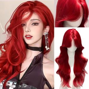 STARGOODS กลาง วิกผมลอนยาว ลูกไม้หน้าผาก คอสเพลย์ วิกผมแบบหลายชั้นสำหรับผู้หญิง ผ้าคลุมศีรษะแบบเต็ม ระบายอากาศได้ วิกผมสังเคราะห์สีแดง ชุดประจำวัน