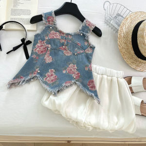 Sundaykids Girls Set with Denim Printed Tank Top and Flower Bud Shorts for Kids Girl 3-8 Y