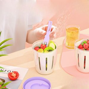 Portable Plastic Fruit Cup with Fork Double-layer Picnic Storage Cup Salad Container Portable Lunch Box Food Storage