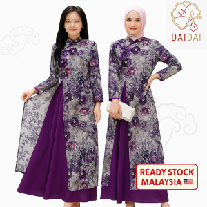 daidai (Ready Stock) Women Purple Long Sleeve Cheongsam Dress Split Premium Traditional Qipao 长款改良版越南奥黛旗袍端庄大气民族风连衣裙