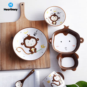Kids Dining Set (5pcs/set) Hand-Painted Cute Cartoon Plate/Bowl/Cup Hand-Painted Japanese Style Ceramic Dining Set Kids Tableware