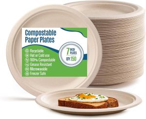 LZD Paper Plates 9 Inch [150 Count] Brown Heavy-Duty - Microwavable Hot & Cold Sturdy Grease Resistant Eco-Friendly Food Grade Sugar Cane Fiber