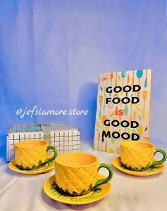 [ READY ] - Cangkir 3 Pasang Motif Nanas Kecil Keramik / Kado Unik / Hampers Cantik / Gelas Lucu / Cangkir Cantik / Set Teko Murah / Cangkir Teh / Cangkir Kopi / Souvenir