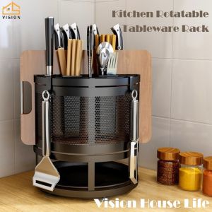 Vision ชั้นวางสแตนเลสในครัวหมุนได้ชั้นวางตะเกียบสําหรับครัวชั้นเก็บของในครัวชั้นวางอุปกรณ์บนโต๊ะอาหารใช้งานได้อเนกประสงค์