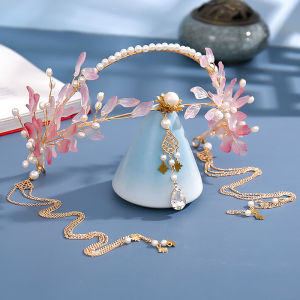 Tua Bông tai giả Băng đô Hanfu Trung Quốc Phụ kiện tóc Màu hồng Hoa Vương miện Băng đô Du lịch Chụp ảnh Trang sức Tóc cổ tích2026