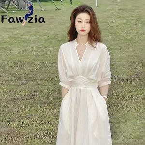 Fawzia French White V-neck Shirt Dress for Women Summer Plus Size Half-sleeved Waist-cinching Mid-length Skirt