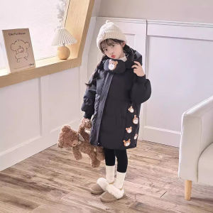 BIZOT Winter Girls Down Jacket Long Style Thick Warm Cartoon Bear Fashion Hooded Coat For 2-7 Years Kids Children Outerwear Clothing