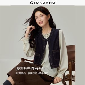 Giordano Beau Monde Women Topstitch round neck cropped denim vest Free Shipping 13376902