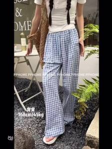 Deep  Vintage  Plaid WomenS Casual Pants Harajuku Oversized Korean Fashion Trousers Baggy Summer Wide Leg Slacks Thin