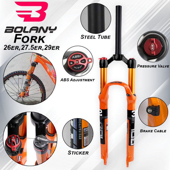 2024 BOLANY Air Suspension Fork MTB Mountain Bike 26 27.5 29 100mm 1 1 8Threadless orange gold Lazada