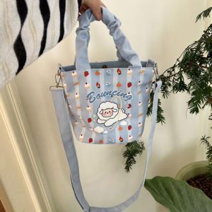 CUWEE with Pendant Cartoon Printed Bucket Bag Japanese Style Handbag Canvas Crossbody Bag Lovely Sweet Casual Shoulder Bag Women