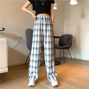 กางเกงลายสก็อตไม่มีกระเป๋ากางเกงน่ารักมากทรงขากระบอกใหญ่ เอวสูงปิดสะดือ กางเกงขากว้างไซส์เกาหลี กางเกงขายาวผู้หญิง