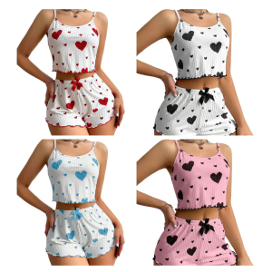 Womens Spaghetti Straps Cami Top and Bows Front Shorts Sleepwear Set Cute Heart Print Ruffle Trim Ribbed Pajamas Outfit