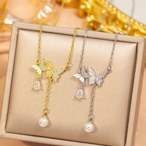 Fashion necklace pendant - Luxury and exclusive small-scale collar chain accessory 【钛钢】热卖爆款珍珠蝴蝶项链女轻奢时尚高级感铜微镶锁骨链饰品