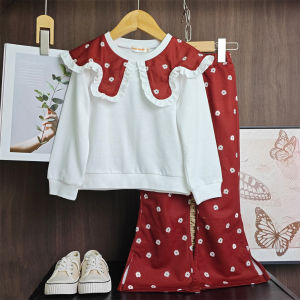 Gấu lãnh đạo dài tay Mùa Thu cánh hoa ve áo Bow T-Shirt Top + quần hai bộ chi tiết đồng bằng rô in thể thao quần áo nữ phiên bản Hàn Quốc
