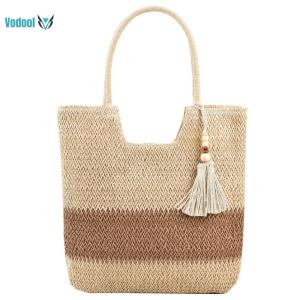 Summer Hand-Woven Handbags Contrast Color with Tassels Ladies Woven Tote Large-Capacity Handmade Fashion Casual Simple for Seaside Holiday [Vodool Official Center]