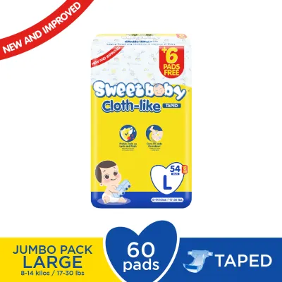 SWEETBABY REGULAR CLOTH-LIKE TAPED DIAPER - JUMBO PACK - LARGE - 54+6 PADS - DISPOSABLE DIAPER
