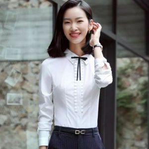 kemeja lengan panjang wanita putih rempel kotak pita leher