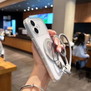 Luxury Magnetic Rotating Bracket Hanging Rope Anti Fall Case For iPhone 17 16 15 14 18 Pro Max For Magsafe Clear Cover Fundas