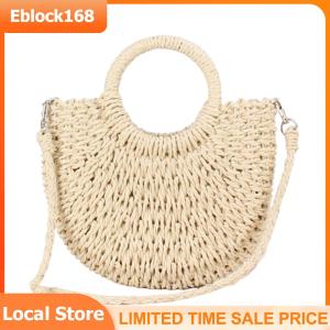 Straw Woven Bag Handmade Rattan Woven Vintage Retro Straw Rope Knitted Women Crossbody Handbag With Ring Fresh Summer Beach Bag