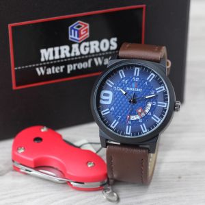 Jam tangan Pria Miragros 60062 tali kulit free gantungan kunci tanggal aktif analog original