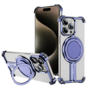 R-just Titanium Alloy Bumper Metal Phone Case For iPhone 16 Pro Max 15 14 Plus 13 12 Pro Max 360°Rotation Stand Rimless Cover