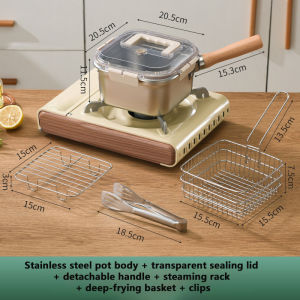 Portable square deep-frying pan made of stainless steel suitable for home use. Comes with a lid