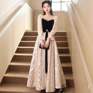 DINNER DRSES French Long Sleeve Long Party Dress Velvet Satin Dress 女士优雅气质宴会主持人演出表演晚礼服