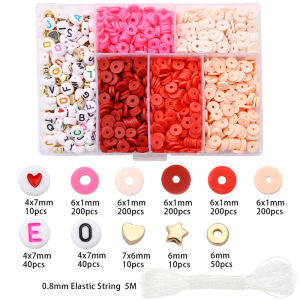 1160pcs/box 6mm Flat Round Polymer Clay Beads Plastic Alphabet Letter Heart Beads Gold Heart Star Charm Beads with 5m Elastic String Jewelry Making Kit Box for Home Living Bracelet Craft