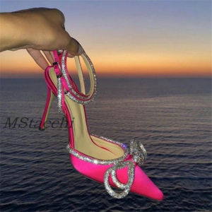 Glitter Rhinestones Women Pumps Crystal Bowknot Satin Sandals Summer Transparent Shoes High Heels Party Prom Designer Shoes