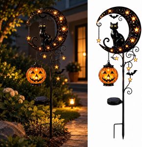 Solar Halloween Outdoor Lights Black Cat Moon Garden Stake Lights Double Pumpkin Lanterns Waterproof Metal Yard Art Decor For Pathway Lawn Patio Walkway Fall Festive Ornament