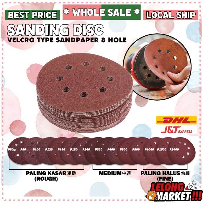 Sanding Disc 5 Inch 8 hole Kertas Pasir Polish Abrasive Round Red