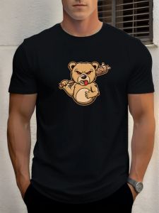 2025 Summer Mens Cotton T Shirt Holder Rod Bear Trendy Print Round Neck T-Shirt Casual Breathable Street Style Daily Top