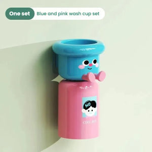 BABYUNION Magnetic Cartoon Toothbrush Cup Holder Set for kid No Drill Bathroom Organizer for Electric/Oral Care Strong Adhesive Wall Mount & Drip-Free Design Mouthwash Cup Wall-Mounted Bathroom Storage Rack for Children