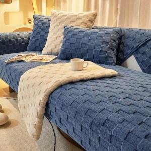 Plush Sofa Cushion Solid Color Checkered Sofa Cover Anti Slip Thickened Living Room