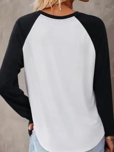 Women Y2K Raglan Sleeve T-Shirt Round Neck Color Block Tops with Green Letter Print Fashion Casual Vintage Style Tshirt Clothes2026