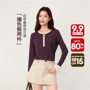 Giordano Beau Monde Women Contrast trim henley neck long sleeve tee Free Shipping 13326627