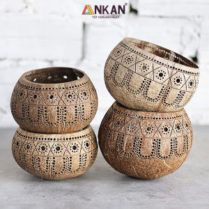 Đèn Gáo Dừa Đựng Nến Tealight Hoa Văn Hoa Cúc Handmade Decor Tự Nhiên Trang Trí Spa Cafe Homestay ANKAN