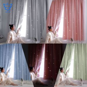 NECE สต๊อกในไทย ผ้าม่าน ม่าน ม่านหน้าต่าง ผ้าม่านหน้าต่าง 2 ชั้น ใช้ตีนตุ๊กแก ลายดาว หมัดฟรี ม่านทึบแสง ม่านโปร่งแสง